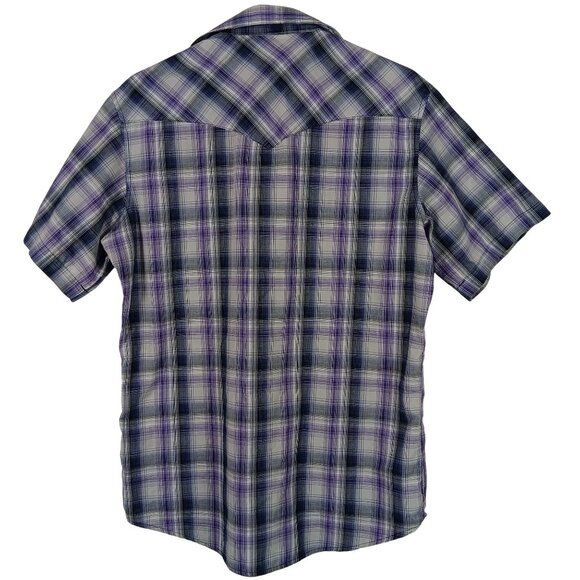 Vintage Wrangler Western Plaid Short Sleeve Shirt Size M Purple Pearl Snap Front - Picture 6 of 6
